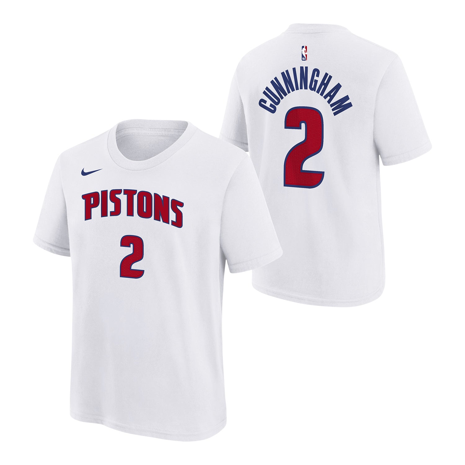 Youth Detroit Pistons Nike Cade Cunningham Association Name & Number T-Shirt in White - Front and Back View
