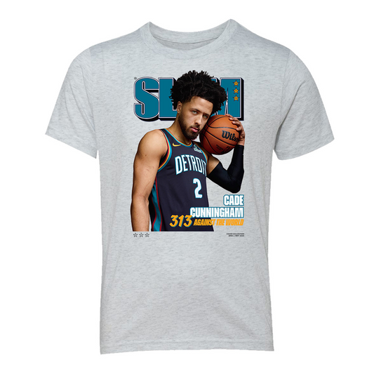 Youth Detroit Pistons SLAM Cade Magazine Cover T-Shirt In Grey - Front View