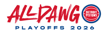 Logo for Detroit Pistons All-Dawg Playoffs 2026 event with red and blue text.