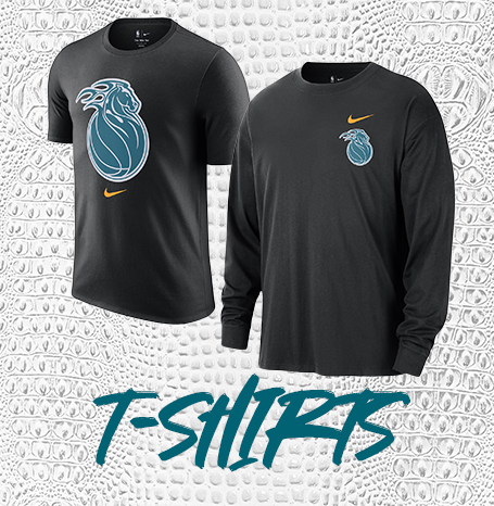 Two black t-shirts with logos on a textured white background