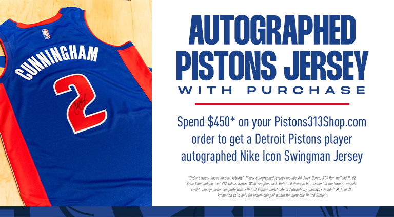free autographed pistons jerey with purchase. spend $450 or more on your order to qualify for a detroit pistons player nike icon jersey with your purchase.