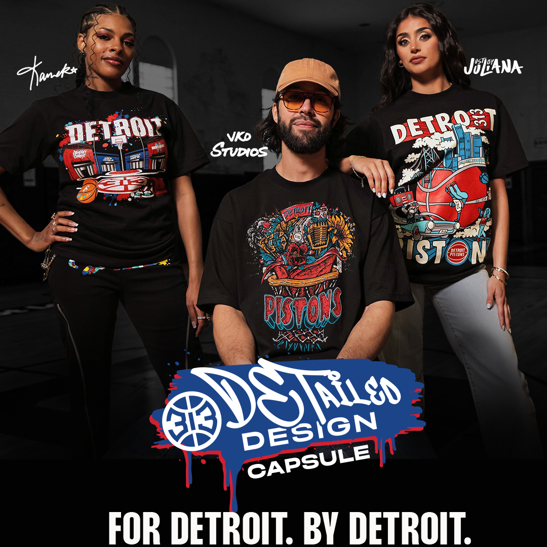 Three people wearing Detroit-themed t-shirts with promotional text for a design capsule.