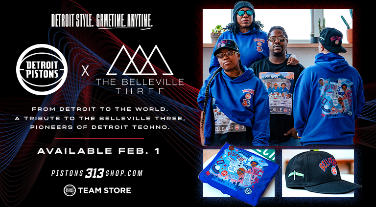 Collaboration between Detroit Pistons and The Belleville Three with promotional text and product images.