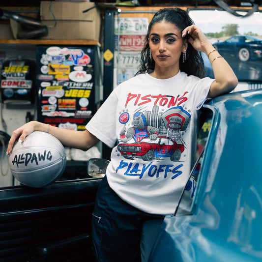 Juliana wearing Detroit Pistons Playoffs '26 'JustbyJuliana' Heavyweight T-Shirt - Front View