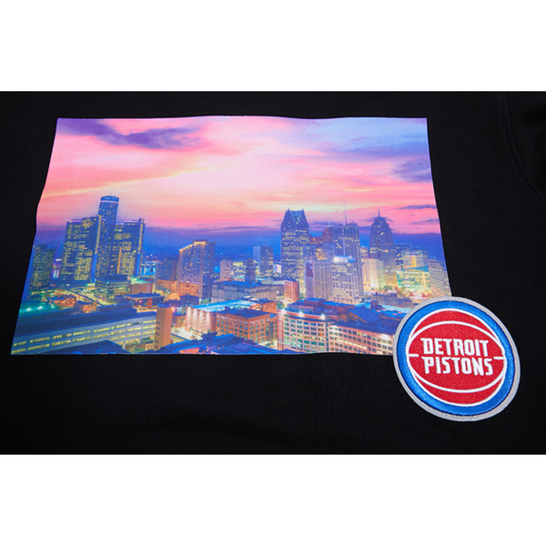 Pistons Pro Standard City Scape Hooded Sweatshirt in Black - Front Graphic Zoom