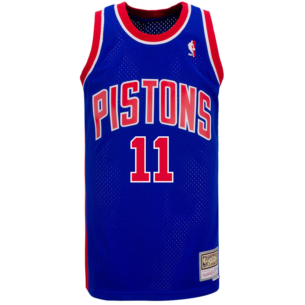Men's Mitchell & Ness Isiah Thomas Blue Detroit Pistons Hardwood Classics Stitch Name Number T-Shirt