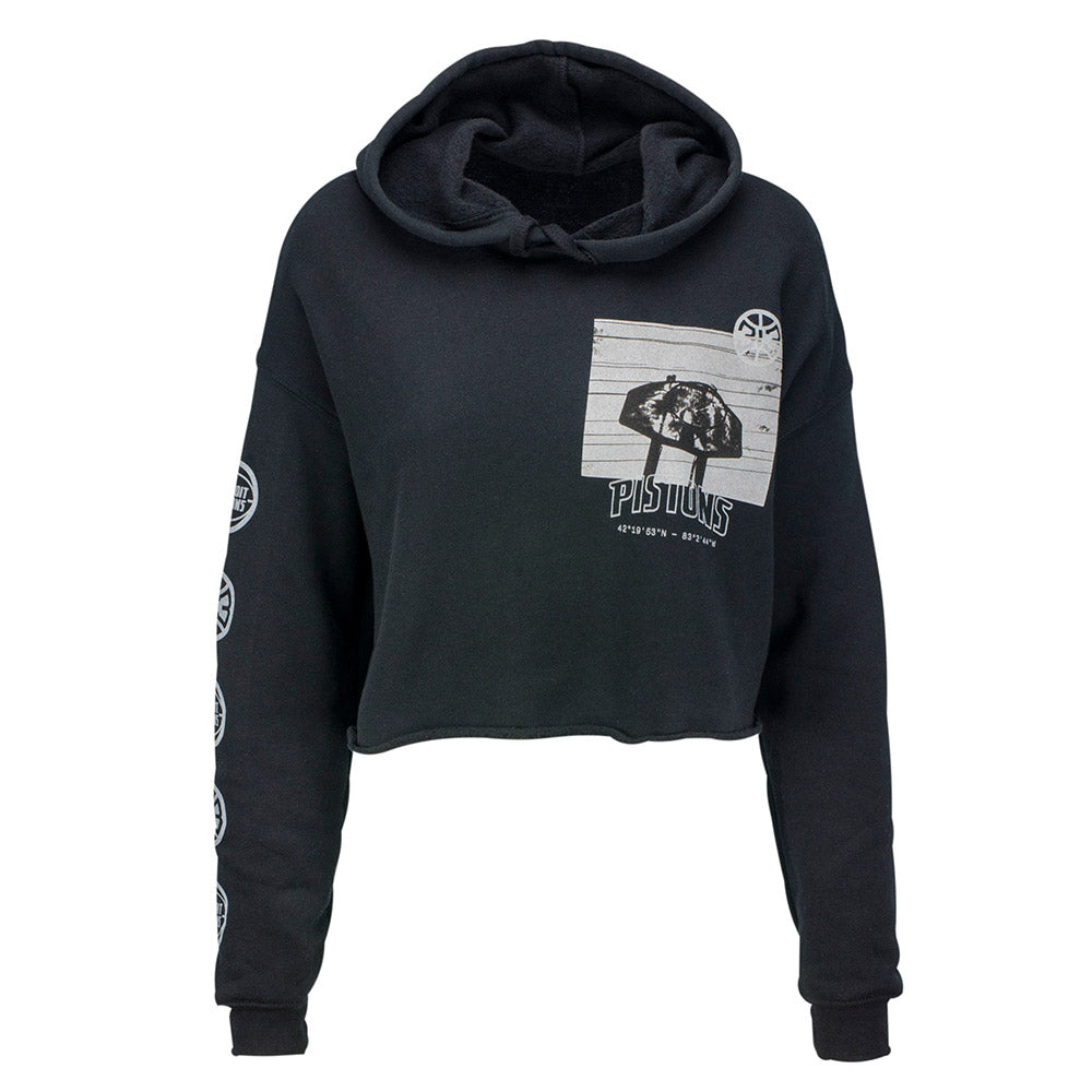 Ladies Detroit Pistons Crop Hooded Sweatshirt in Black - Front View