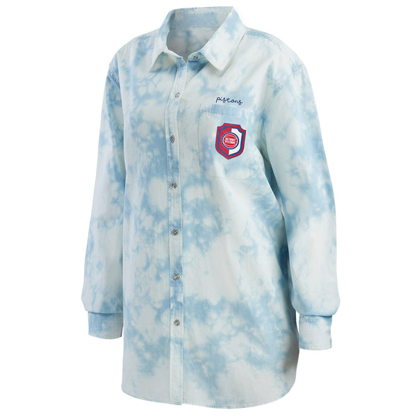 Ladies Wear by Erin Andrews Pistons Bleached Denim Button-Up in Blue and White - Front View