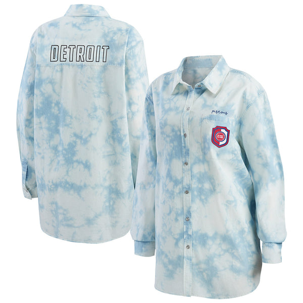 Ladies Wear by Erin Andrews Pistons Bleached Denim Button-Up in Blue and White - Front and Back View