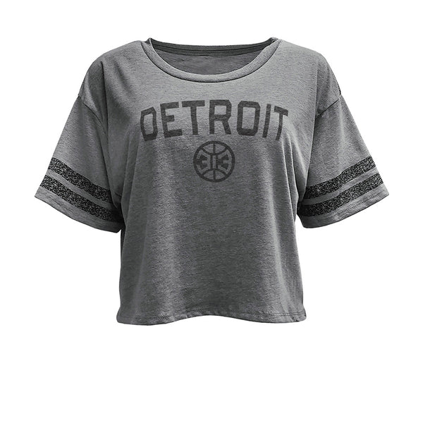 Ladies New Era Pistons 313 Crop T-Shirt in Gray - Front View