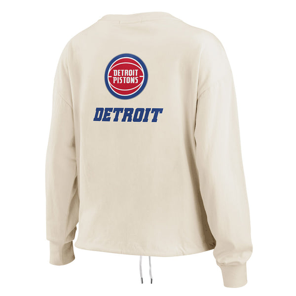 Ladies Wear by Erin Andrews Pistons Long Sleeve Draw String Crop T-Shirt in Cream - Back View