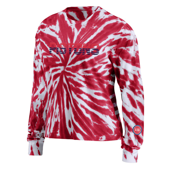 Ladies Wear by Erin Andrews Pistons Long-Sleeve Tie Dye Crop Top in Red and White - Front View