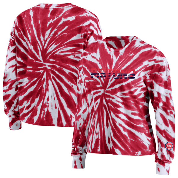 Ladies Wear by Erin Andrews Pistons Long-Sleeve Tie Dye Crop Top in Red and White - Front and Back View