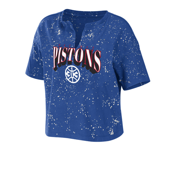 Pistons Ladies WEAR by Erin Andrews Bleach Splatter T-Shirt in Blue - Front View