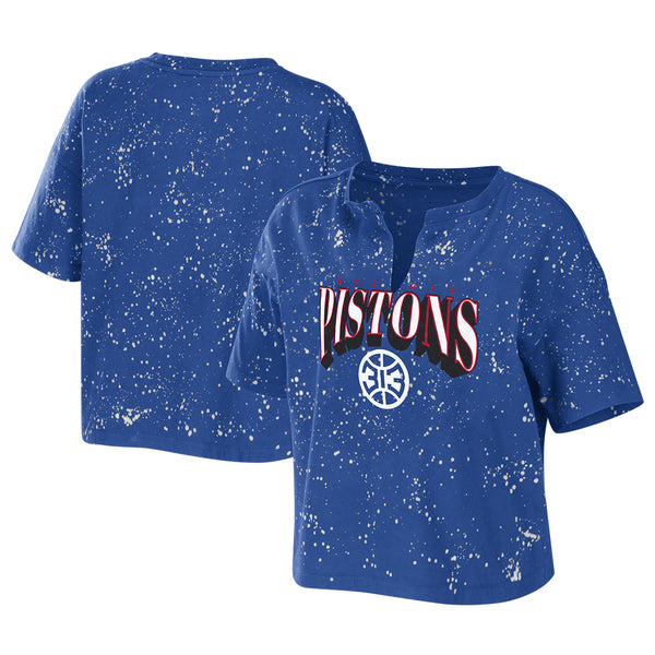 Pistons Ladies WEAR by Erin Andrews Bleach Splatter T-Shirt in Blue - Front/Back View