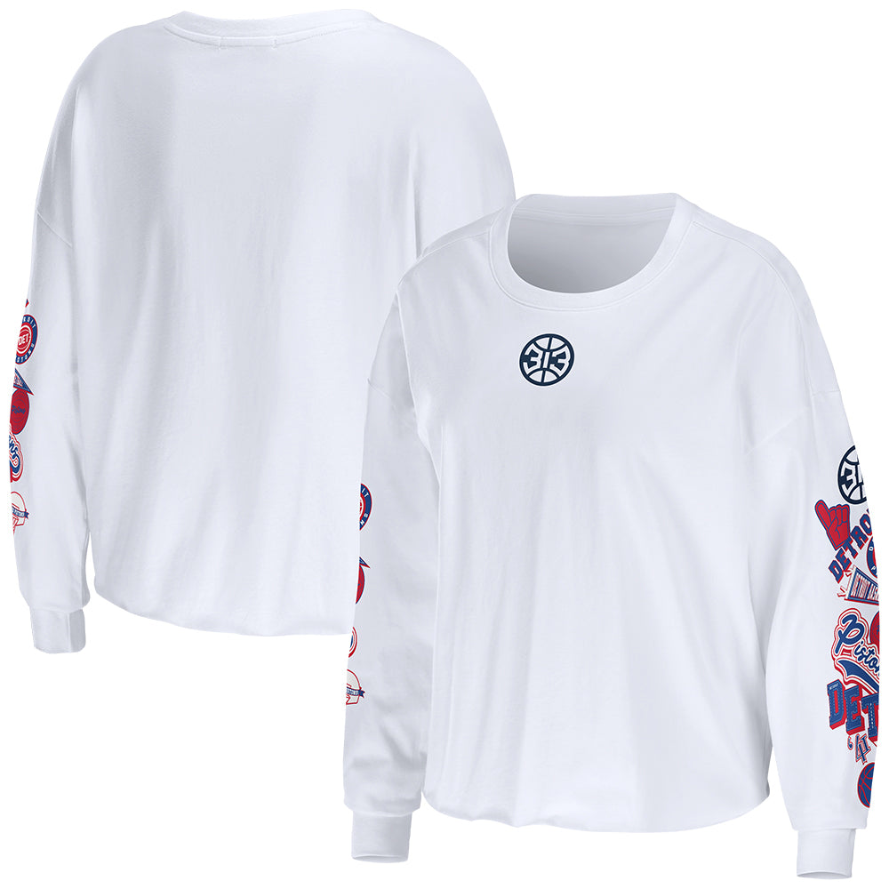 Pistons Ladies WEAR by Erin Andrews Celebration Long Sleeve T-Shirt in White - Front/Back View