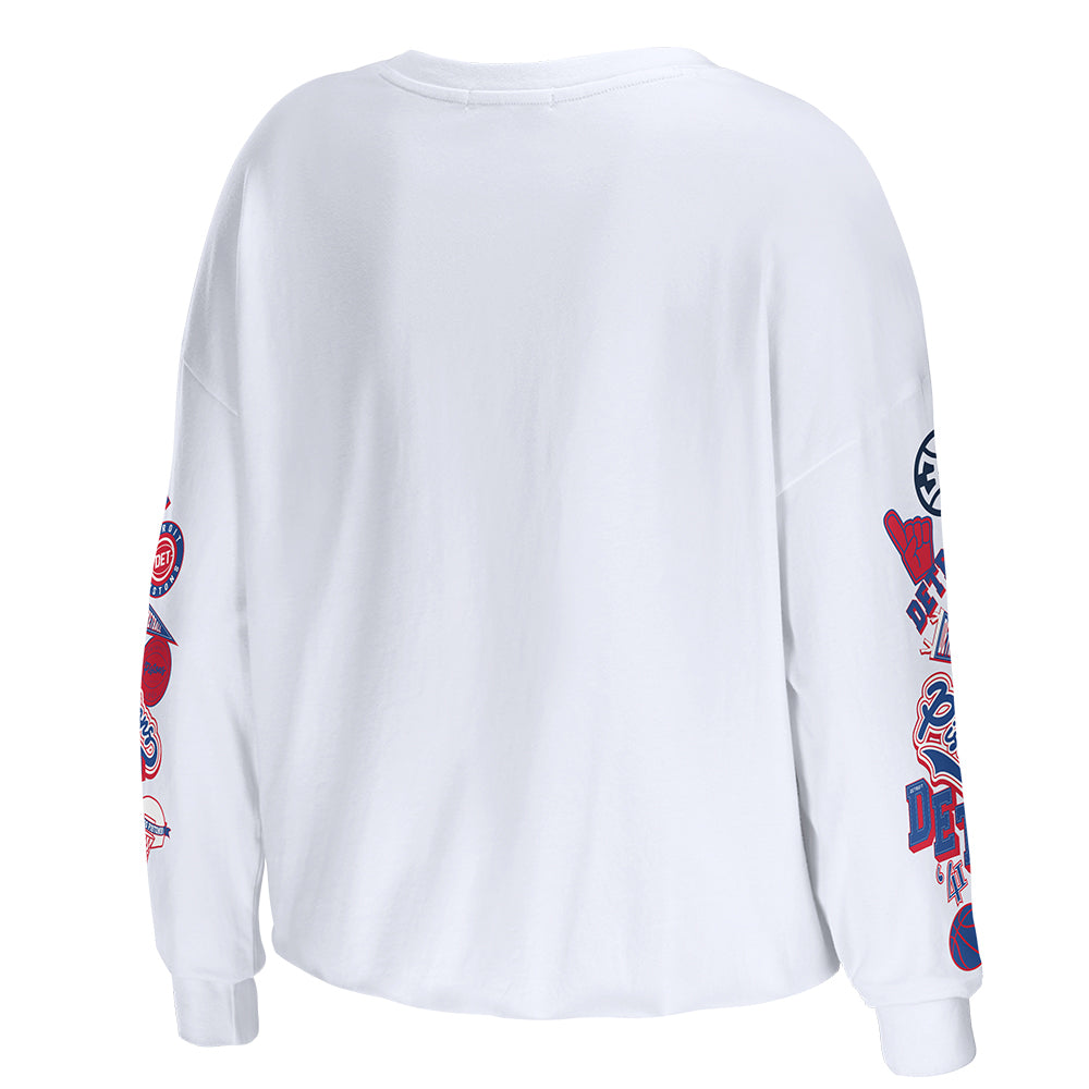 Pistons Ladies WEAR by Erin Andrews Celebration Long Sleeve T-Shirt in White - Back View