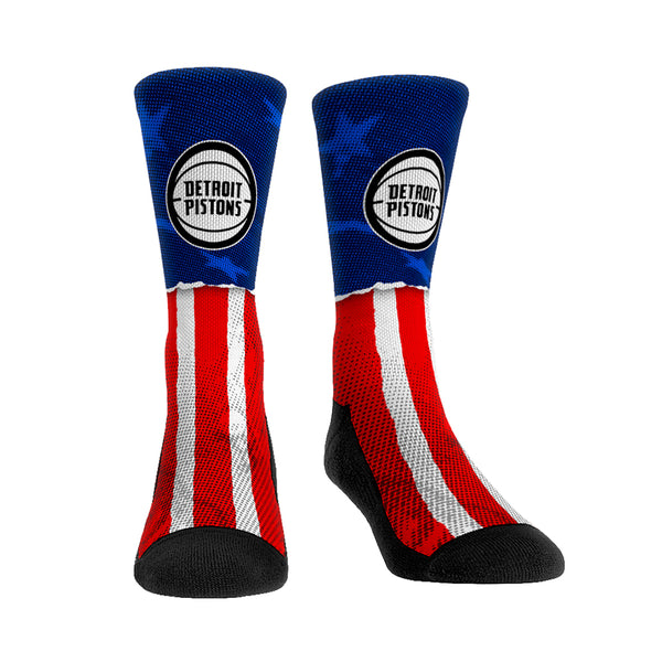 Rock 'Em Apparel Pistons Stars and Stripes Socks in Red and Blue - Front View