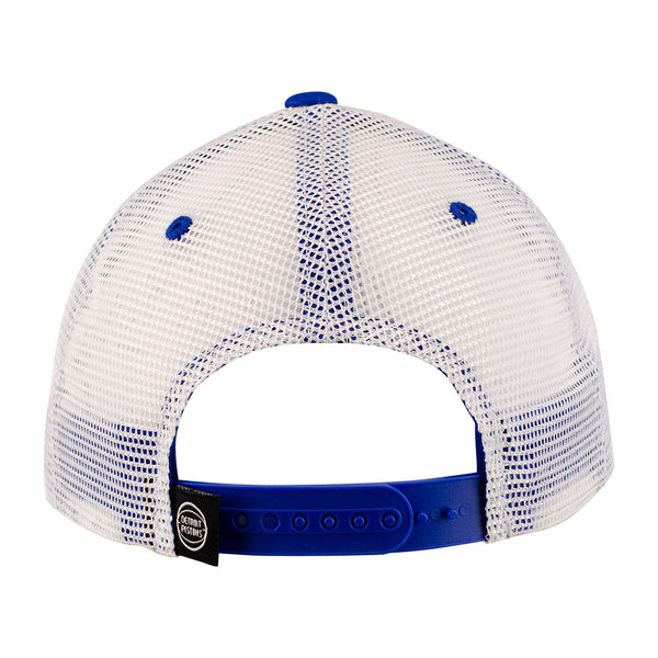 Detroit Pistons Felt Patch Trucker Adjustable Hat in Blue and White - Back View