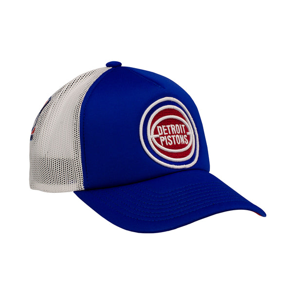 Pistons Mitchell & Ness NBA Off the Backboard Adjustable Hat in Blue/White - Side View