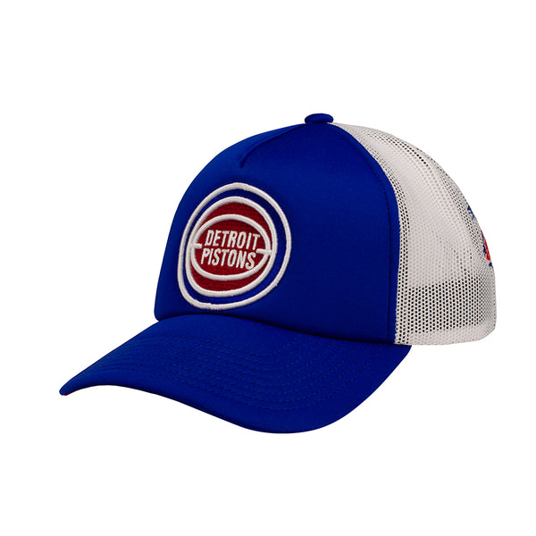 Pistons Mitchell & Ness NBA Off the Backboard Adjustable Hat in Blue/White - Side View