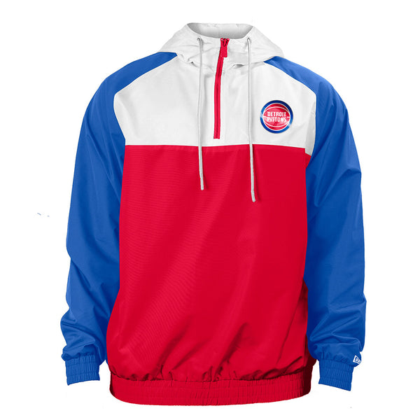 New Era Pistons 1/4 Zip Hooded Jacket in Blue, White, and Red - Front View