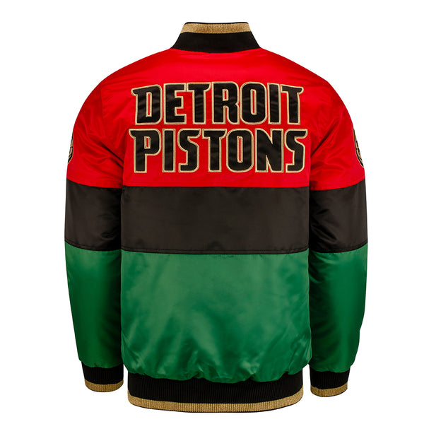 GIII Pistons Black History Month Starter Jacket in Red, Black, and Green - Back View