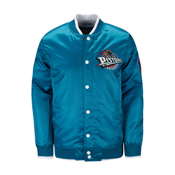 Pistons X Ty Mopkins Teal Satin Starter Jacket in Teal - Front View