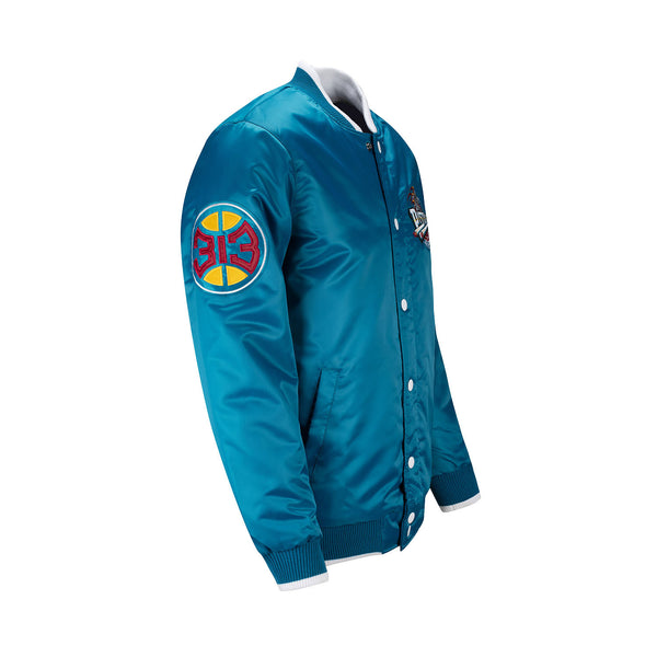 Pistons X Ty Mopkins Teal Satin Starter Jacket in Teal - Angled Right Side View
