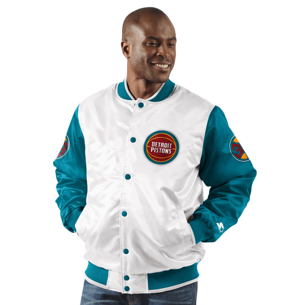 Pistons X Ty Mopkins White Satin Starter Jacket in White and Teal - Front View On Model