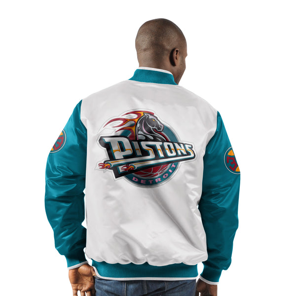 Pistons X Ty Mopkins White Satin Starter Jacket in White and Teal - Back View On Model