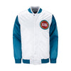 Pistons X Ty Mopkins White Satin Starter Jacket in White and Teal - Front View