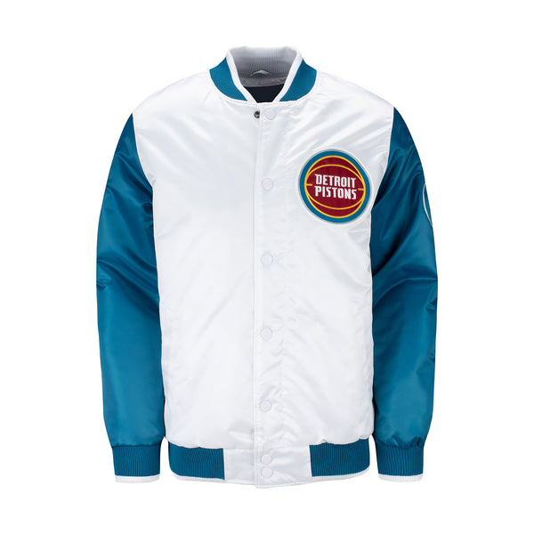 Pistons X Ty Mopkins White Satin Starter Jacket in White and Teal - Front View