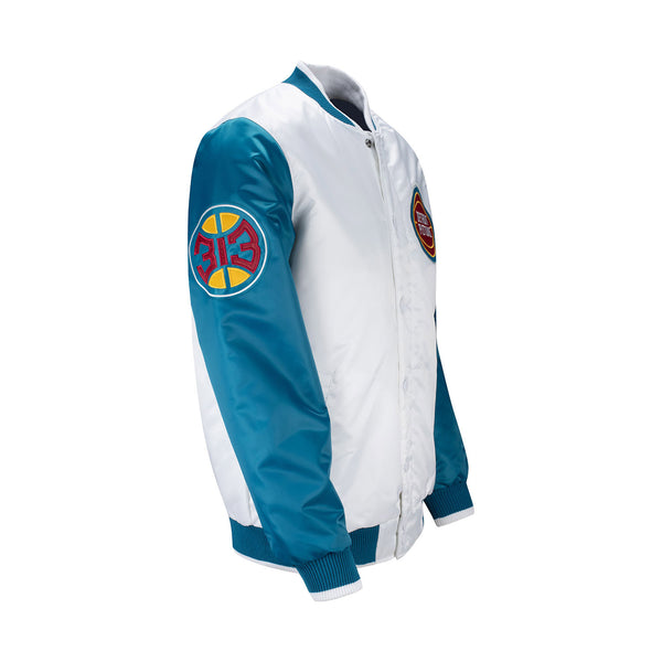 Pistons X Ty Mopkins White Satin Starter Jacket in White and Teal - Angled Right Side View