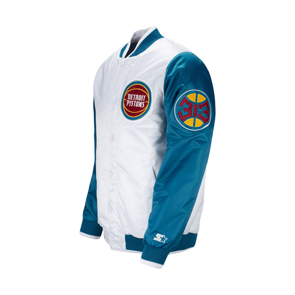 Pistons X Ty Mopkins White Satin Starter Jacket in White and Teal - Angled Left Side View