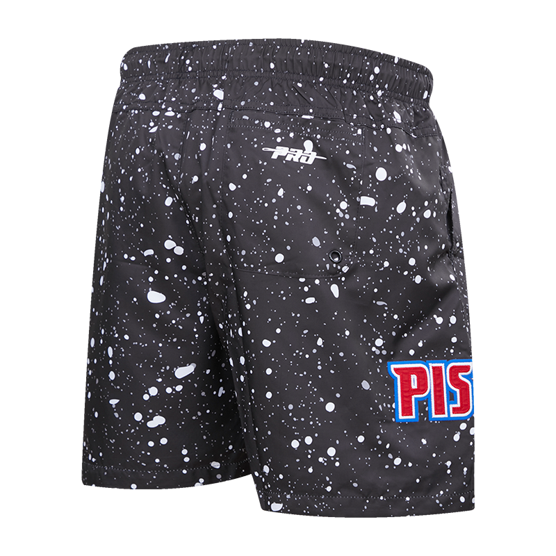 Pistons Pro Standard All Over Splatter Print Shorts in Black and White - Angled Right Side View