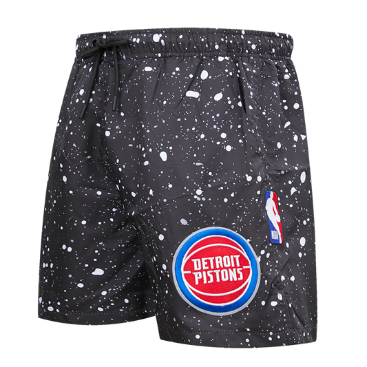 Pistons Pro Standard All Over Splatter Print Shorts in Black and White - Angled Left Side View