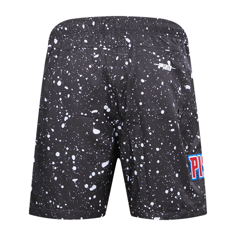 Pistons Pro Standard All Over Splatter Print Shorts in Black and White - Back View