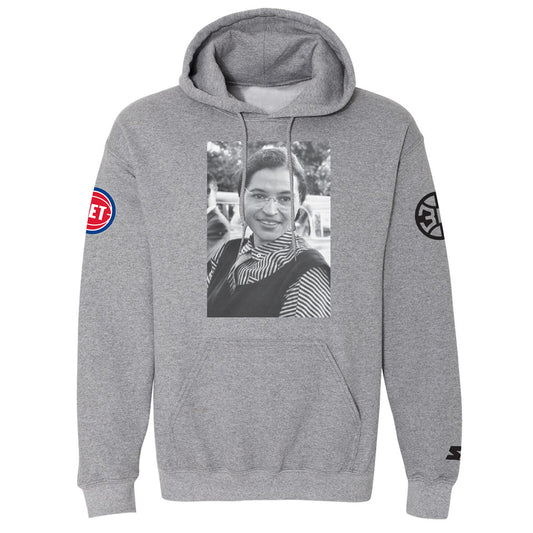 Pistons Rosa Parks Portrait Pullover Hood in Grey - Front View