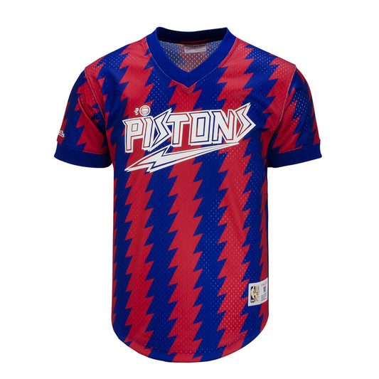 Mitchell & Ness 70's Wordmark Mesh V-Neck Top in Red and Blue - Front View