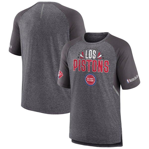 Fanatics Pistons Los Noches T-Shirt in Gray - Front and Back View