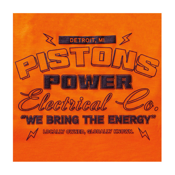 DETail Threads Pistons Garage Power T-Shirt in Orange - Close Up View