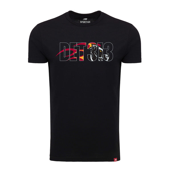 Sportiqe Pistons 313 Retro Flame T-Shirt in Black - Front View