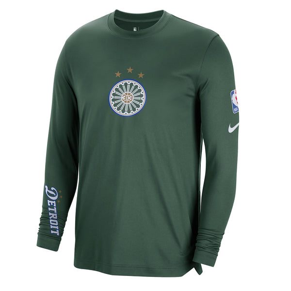 Detroit Pistons Nike City Edition 2022-23 Pregame Long Sleeve 313 T-Shirt in Green - Front View